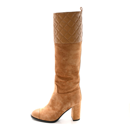 Chanel Suede Calfskin Lambskin Quilted Knee High Heel Boots 38 Beige 1 of 9