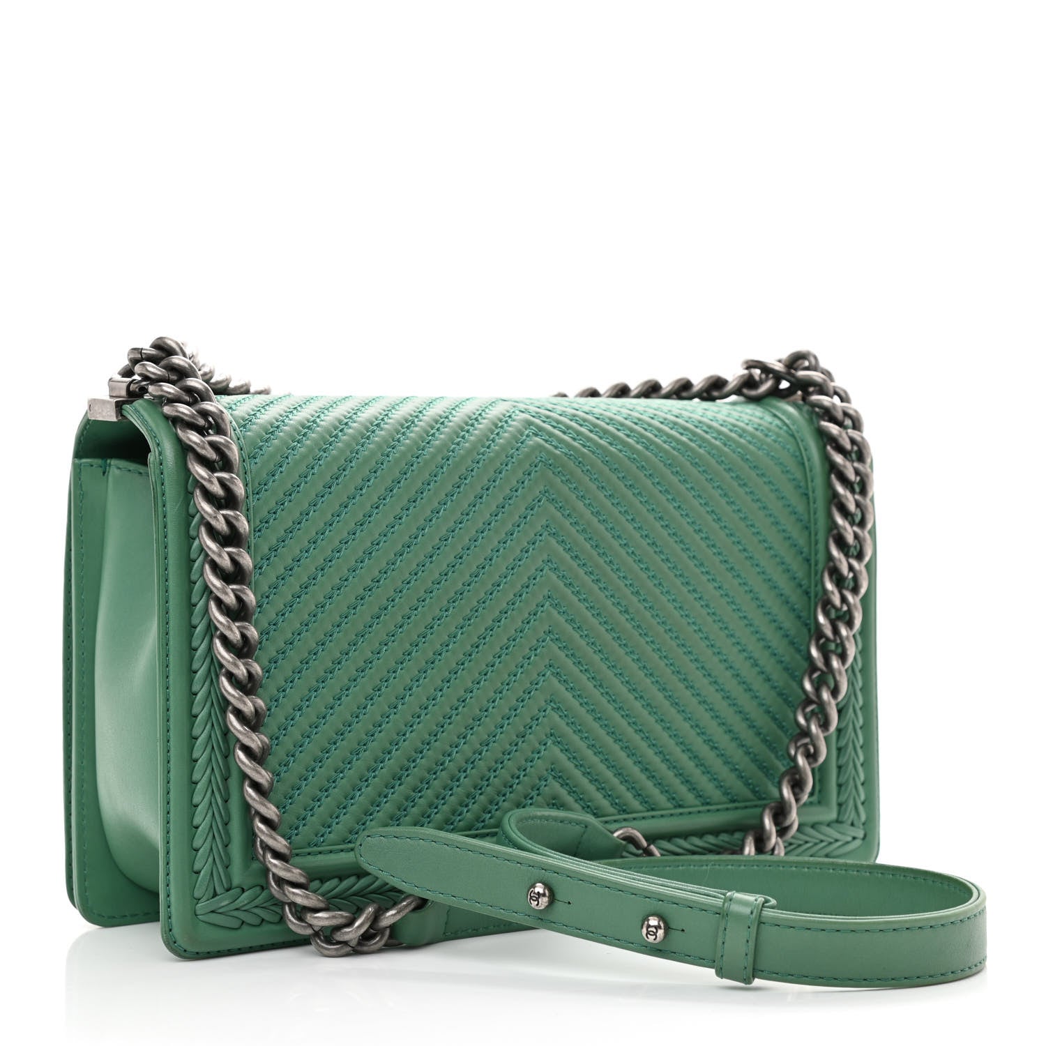 Chanel Calfskin Chevron Quilted New Medium Braided Boy Flap Green 3 of 10