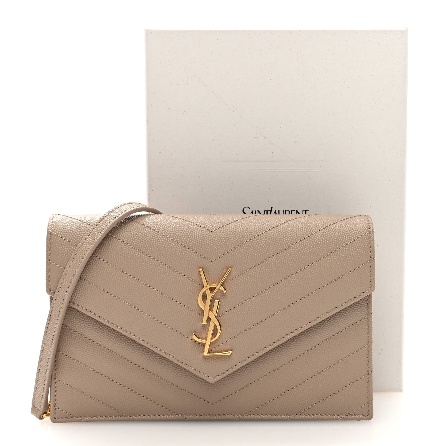Saint Laurent Grain De Poudre Matelasse Chevron Monogram Envelope Chain Wallet Dark Beige 10 of 10