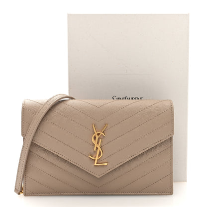 Saint Laurent Grain De Poudre Matelasse Chevron Monogram Envelope Chain Wallet Dark Beige 10 of 10