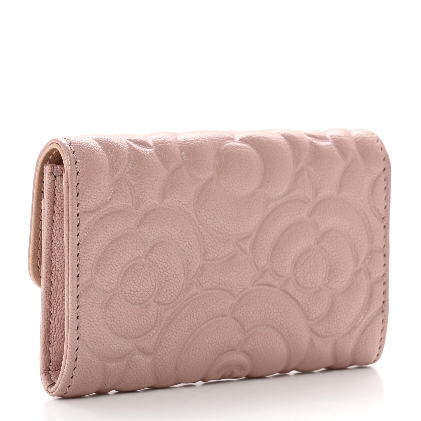 Goatskin Camellia Embossed Card Holder Wallet Light Pink