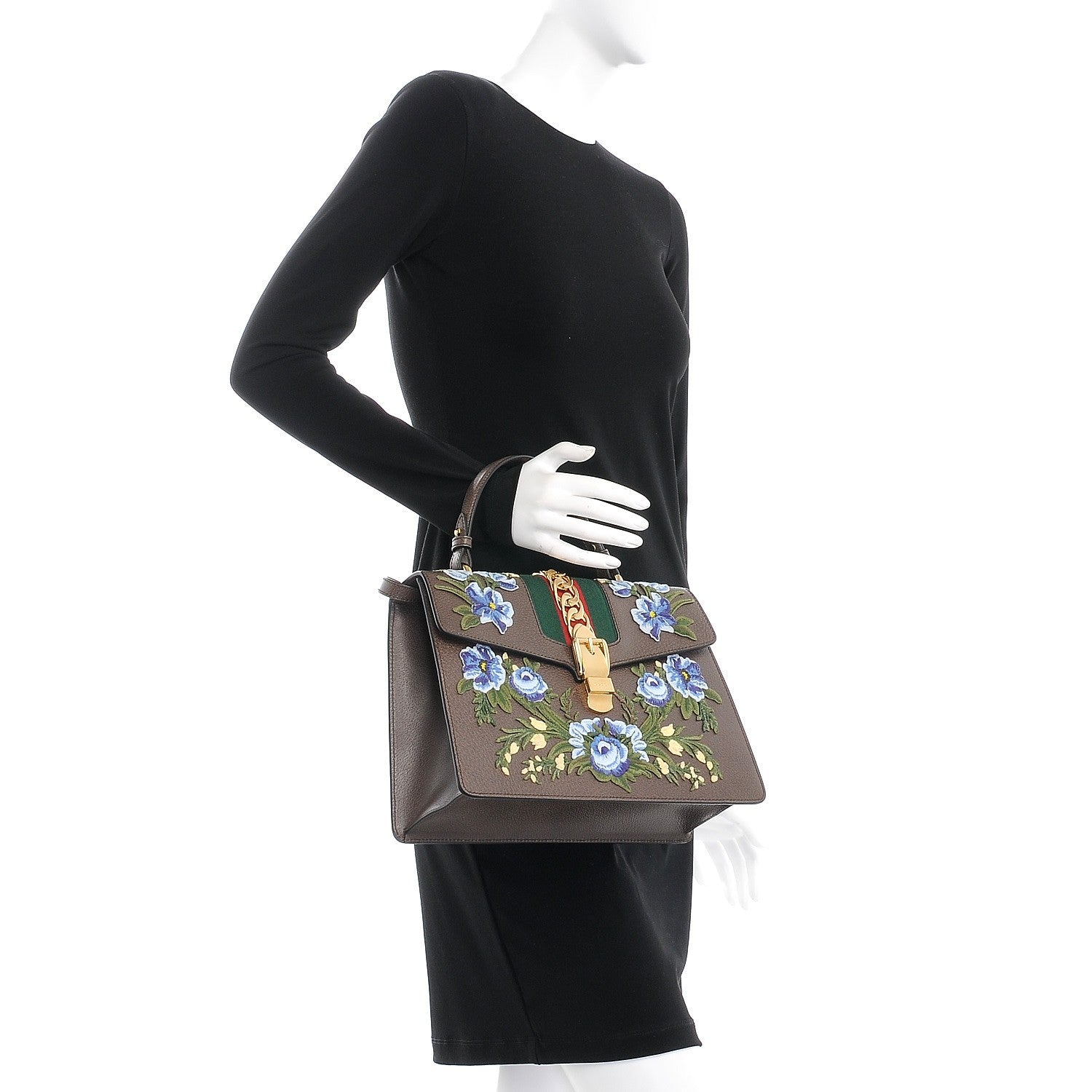 Gucci Calfskin Embroidered Medium Sylvie Top Handle Bag New Acero Multicolor 3 of 8