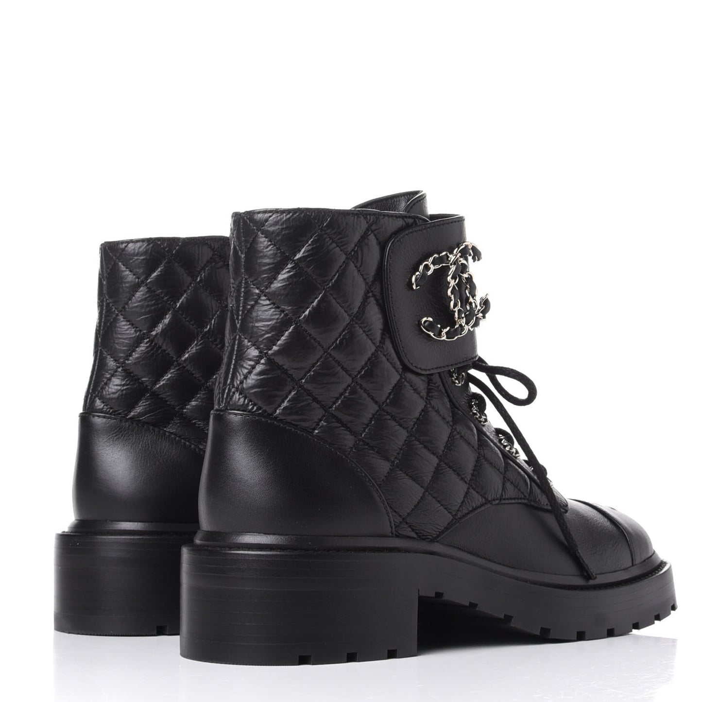 Shiny Goatskin Calfskin Quilted Lace Up Combat Boots 39 Black