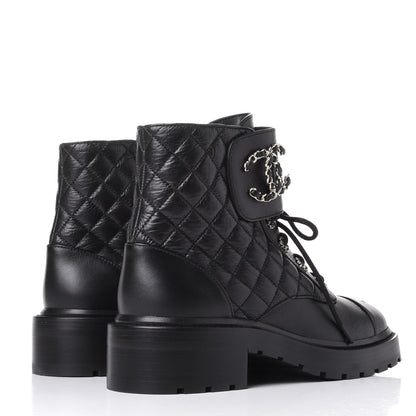 Chanel Shiny Goatskin Calfskin Quilted Lace Up Combat Boots 39 Black 4 of 11