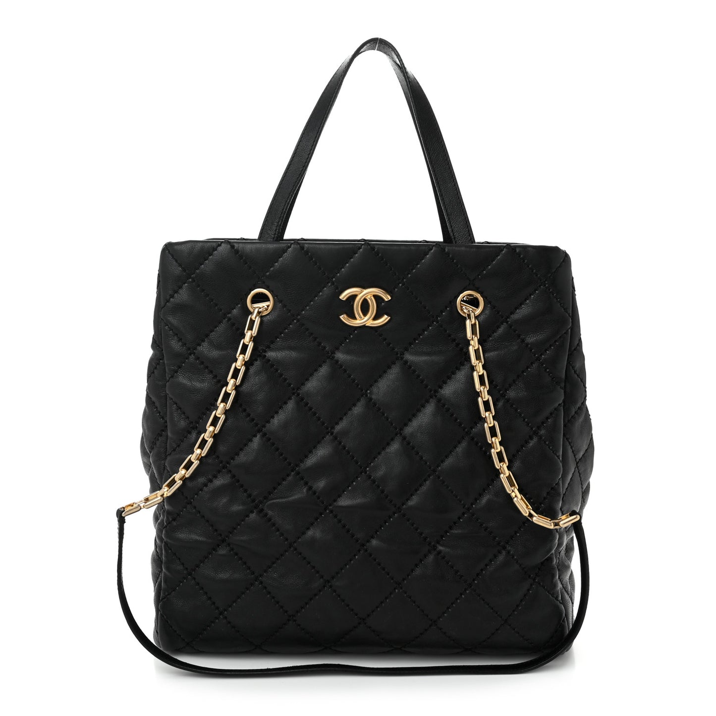 Calfskin Quilted Large Retro Chain Tote Black