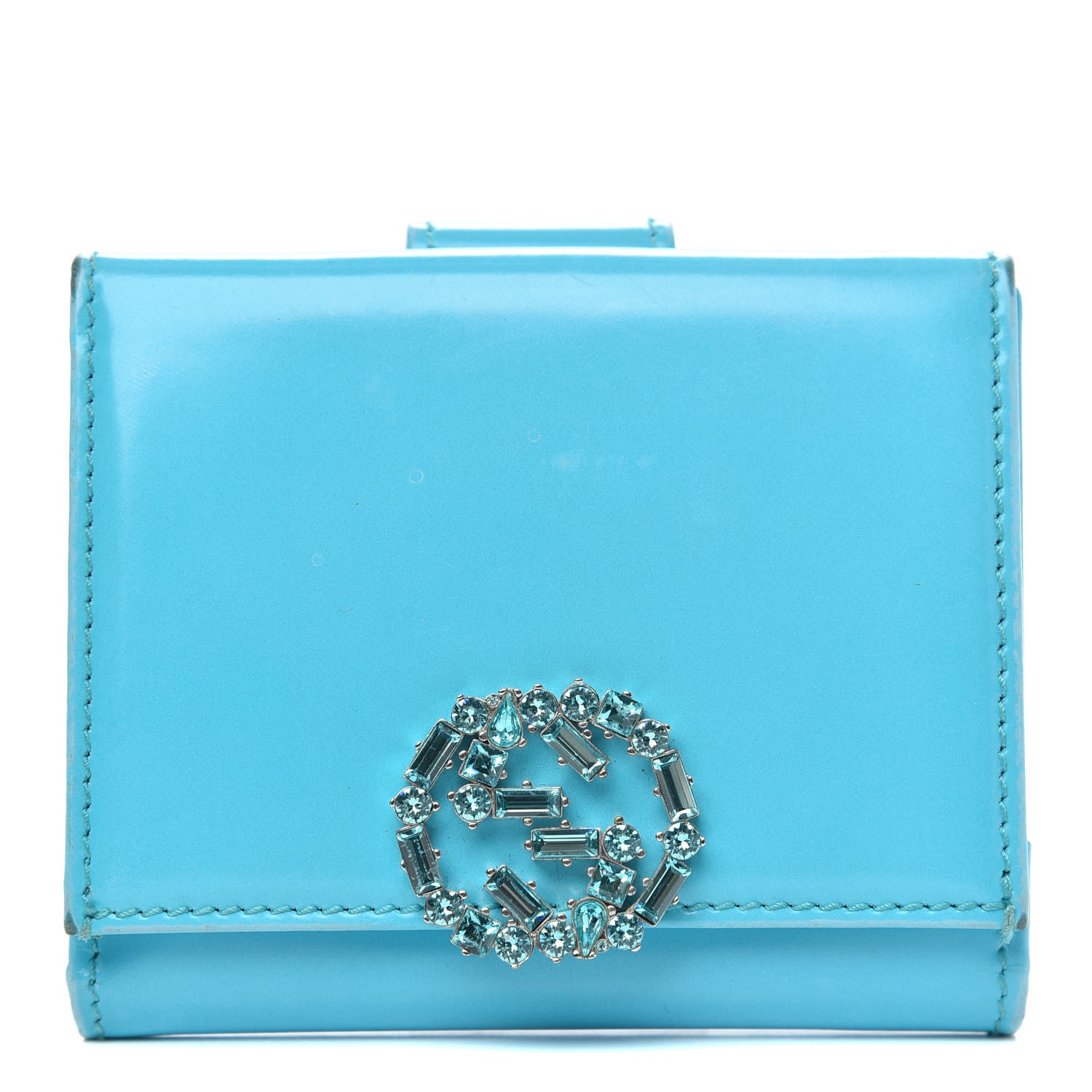 Gucci Shade Lux Calfskin Swarovski Crystal Mini GG Sparkling French Flap Wallet Turquoise 1 of 12