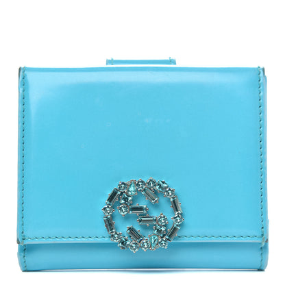Gucci Shade Lux Calfskin Swarovski Crystal Mini GG Sparkling French Flap Wallet Turquoise 1 of 12