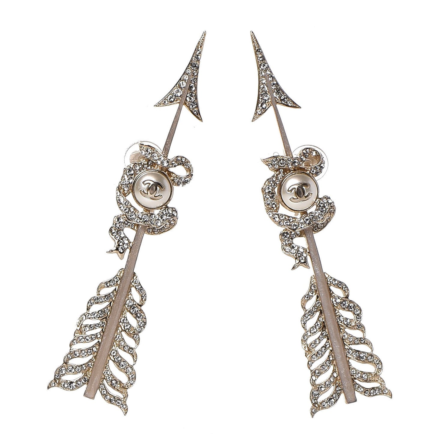 Crystal Pearl CC Arrow Clip On Earrings Gold