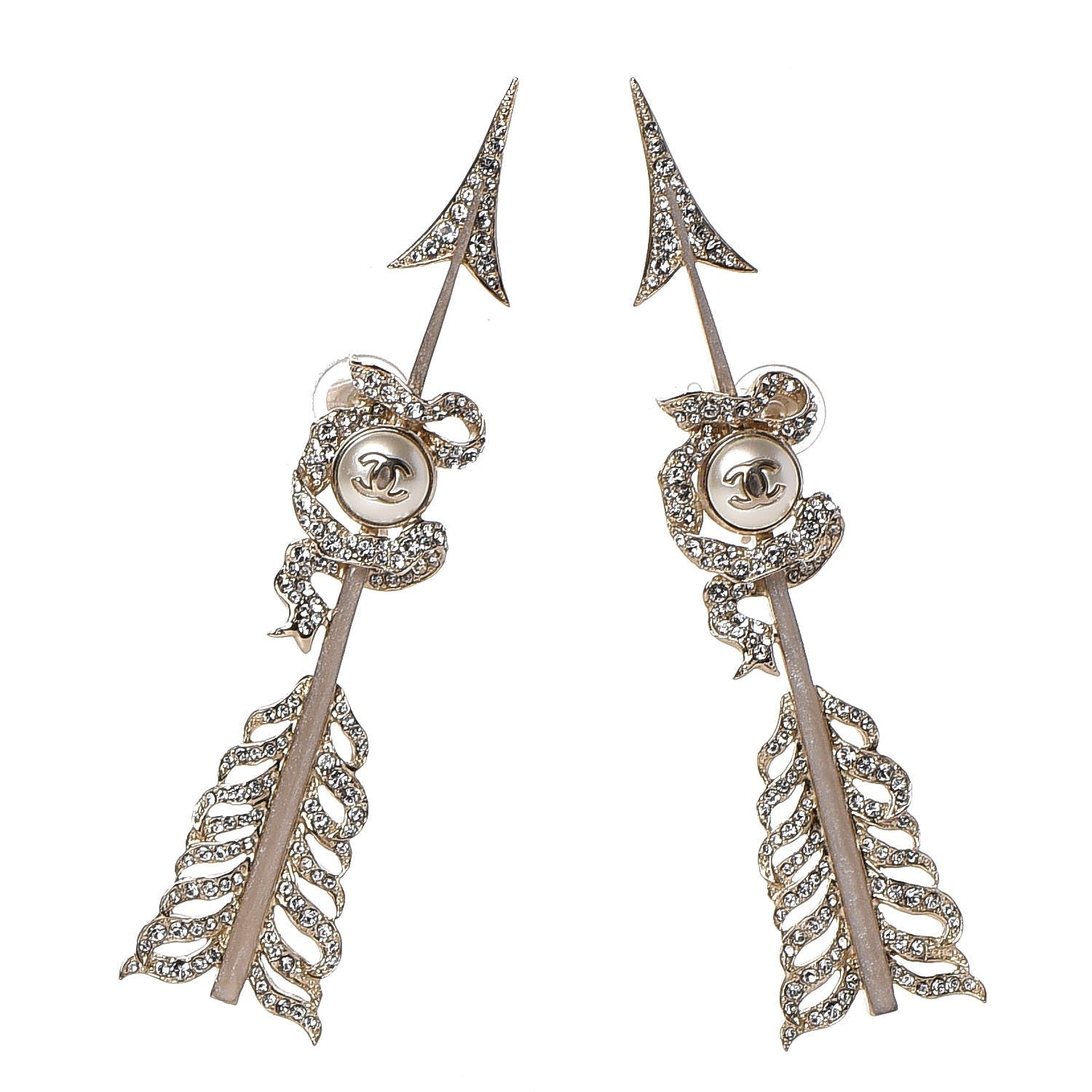 Chanel Crystal Pearl CC Arrow Clip On Earrings Gold 1 of 3