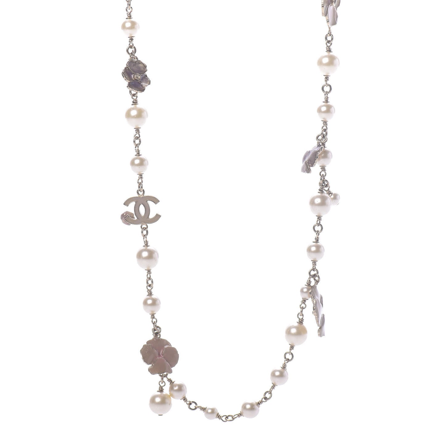 Pearl Crystal Flower CC Long Necklace Golden Pearly White