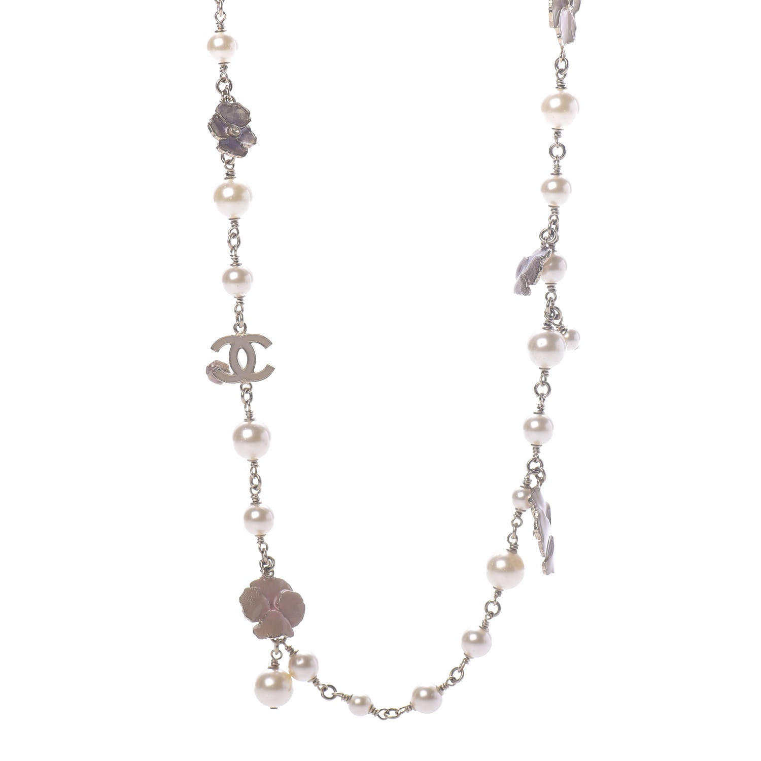 Chanel Pearl Crystal Flower CC Long Necklace Golden Pearly White 1 of 7