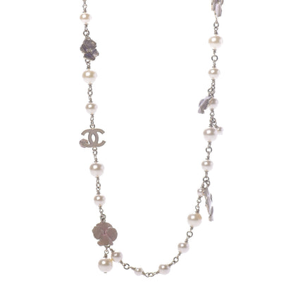 Chanel Pearl Crystal Flower CC Long Necklace Golden Pearly White 1 of 7