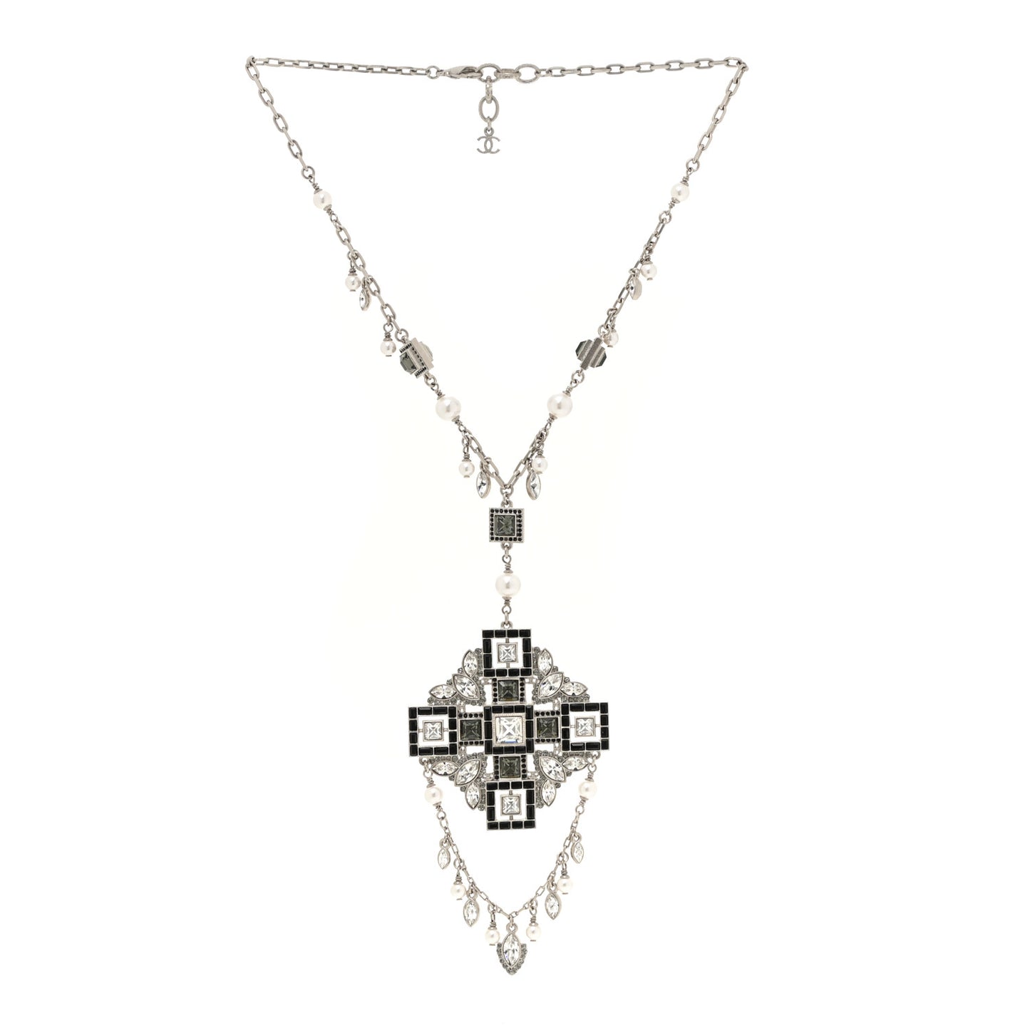 Crystal Strass Pearl CC Necklace Silver Black