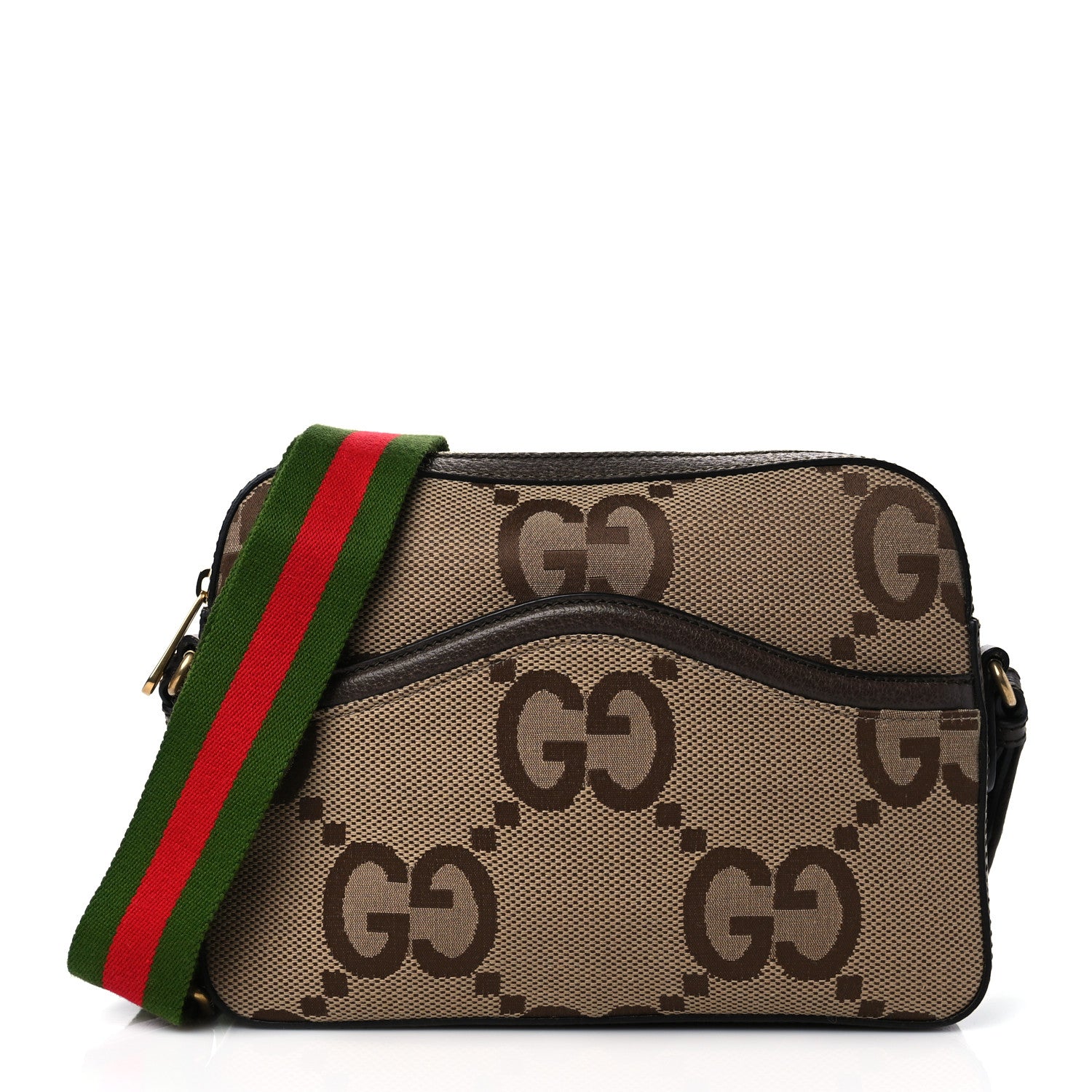 Gucci Monogram Jumbo GG Textured Dollar Calfskin Web Messenger Shoulder Bag Camel Ebony New Acero 1 of 10