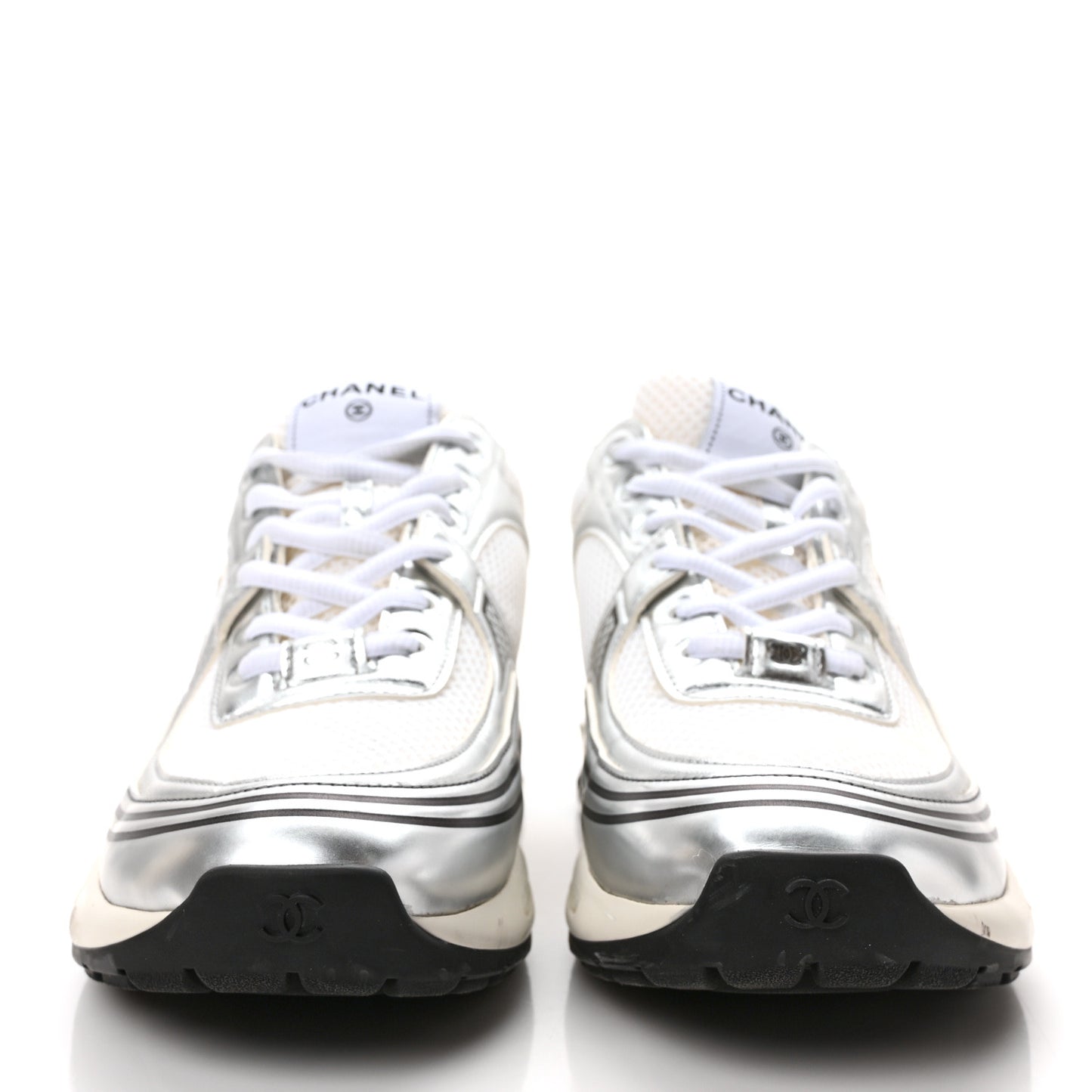 Fabric Laminated Calfskin Stretch CC Sneakers 40.5 White Silver