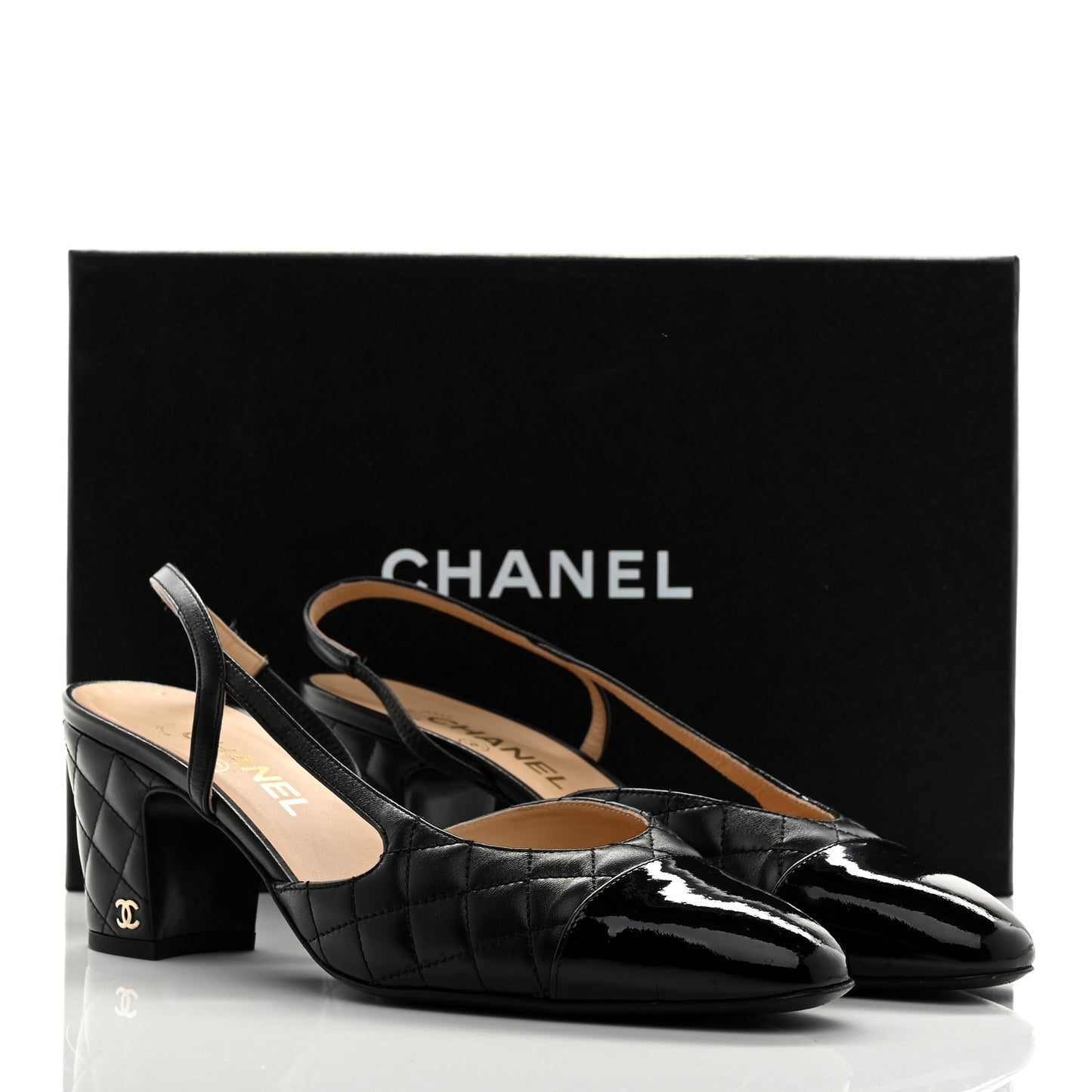 Lambskin Patent Calfskin Quilted Cap Toe CC Slingback Pumps 41 Black
