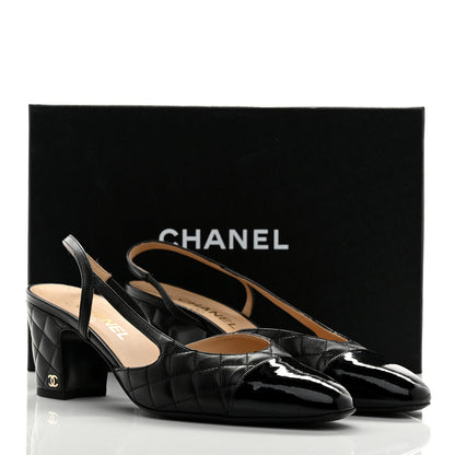 Chanel Lambskin Patent Calfskin Quilted Cap Toe CC Slingback Pumps 41 Black 10 of 10