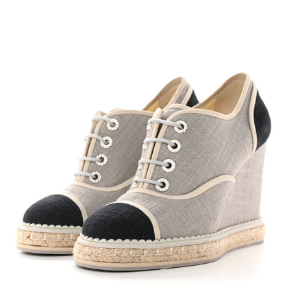 Chanel Cotton Lace Up Wedge Espadrilles 38.5 Grey Navy Blue 3 of 9