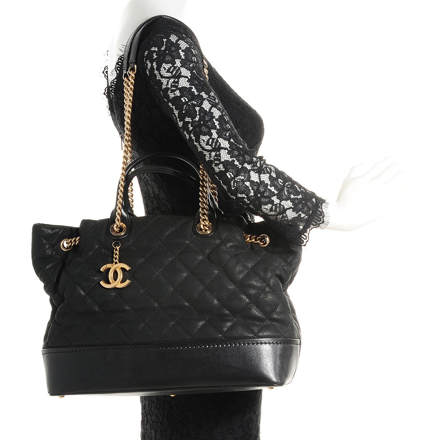 Iridescent Grained Calfskin Large Tote Black