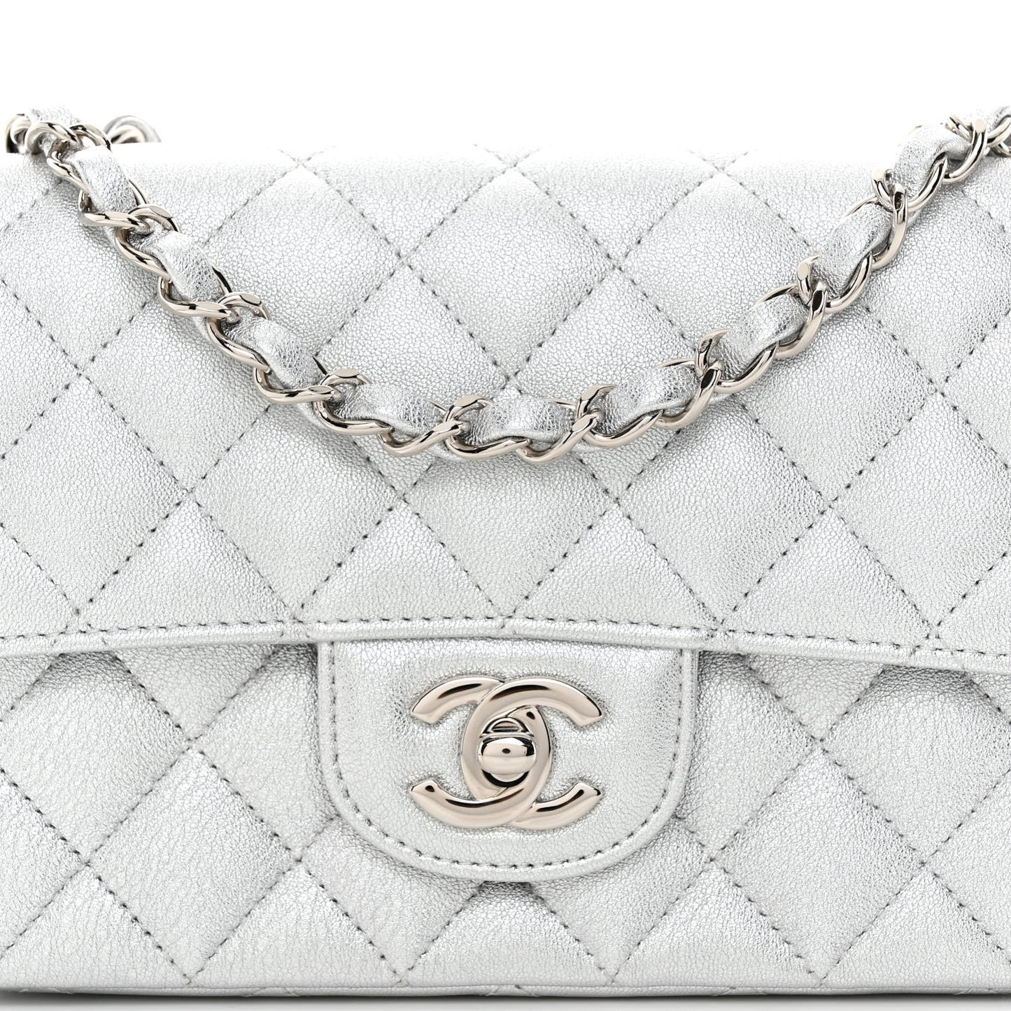 Metallic Lambskin Quilted Mini Rectangular Flap Silver