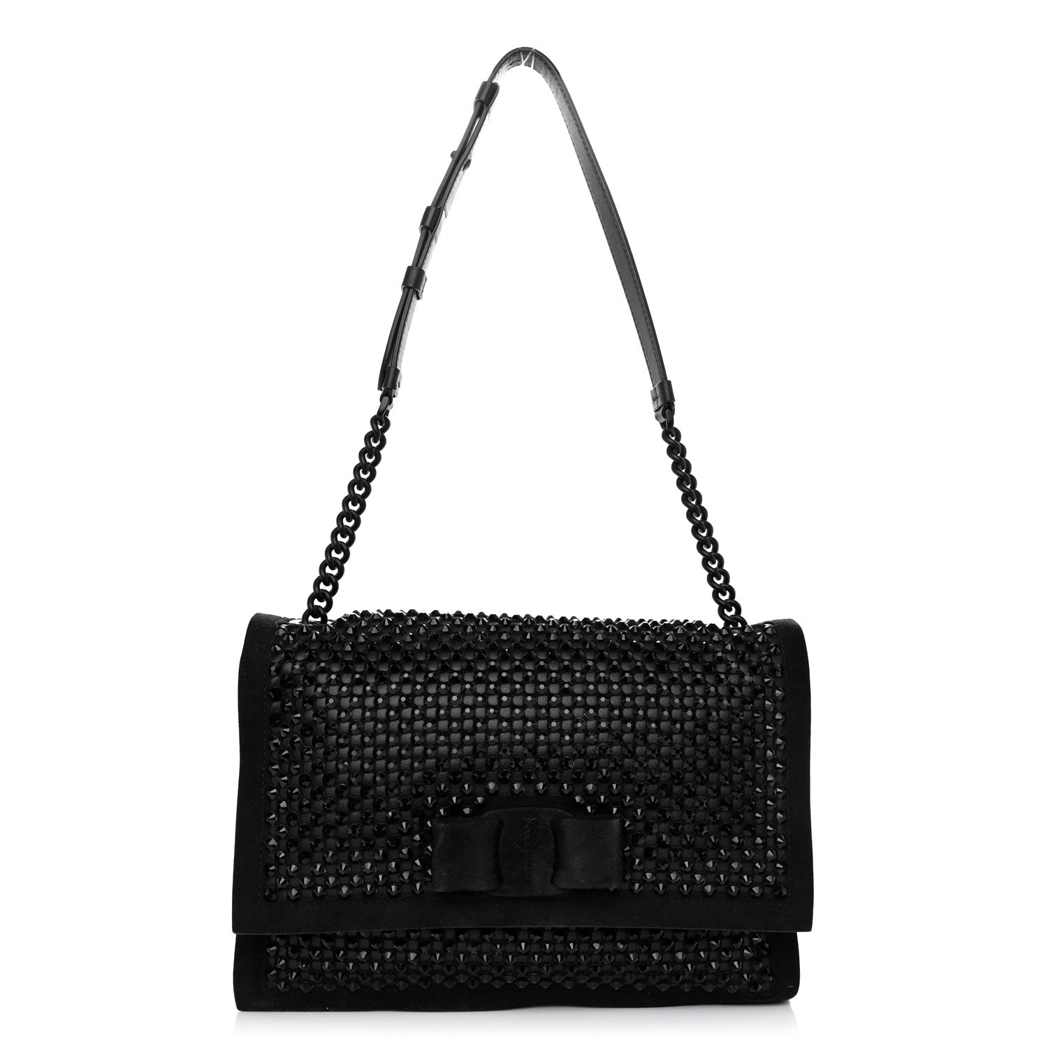 Salvatore Ferragamo Suede Crystal Embellished Small Viva Bow Shoulder Bag Black 1 of 11