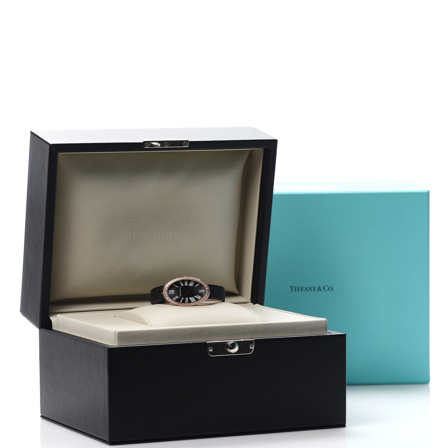 Tiffany 18K Rose Gold Satin Diamond Bezel 21mm 2-Hand Cocktail Quartz Watch Black 7 of 7