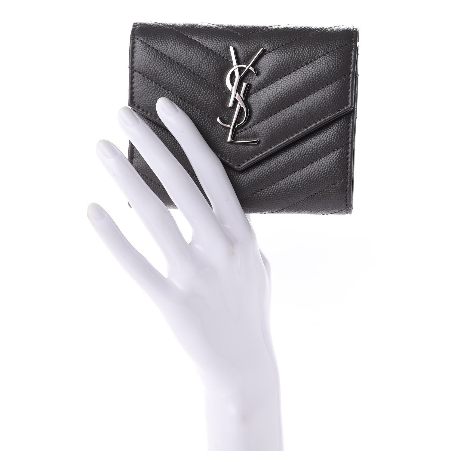 Saint Laurent Grain De Poudre Matelasse Chevron Monogram Compact Tri Fold Wallet Earth 2 of 12