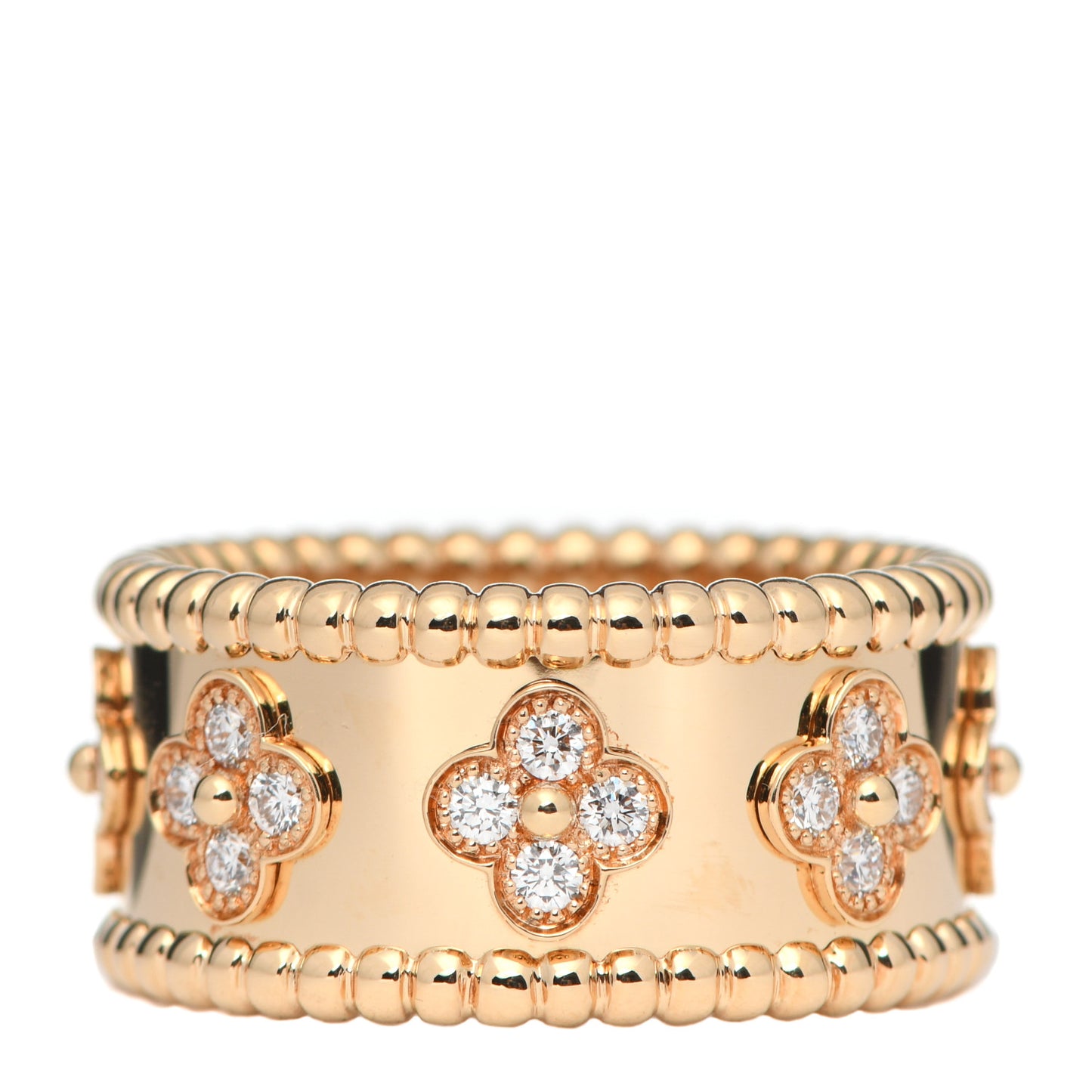 18K Yellow Gold Diamond Perlee Clovers Ring 58 8.5