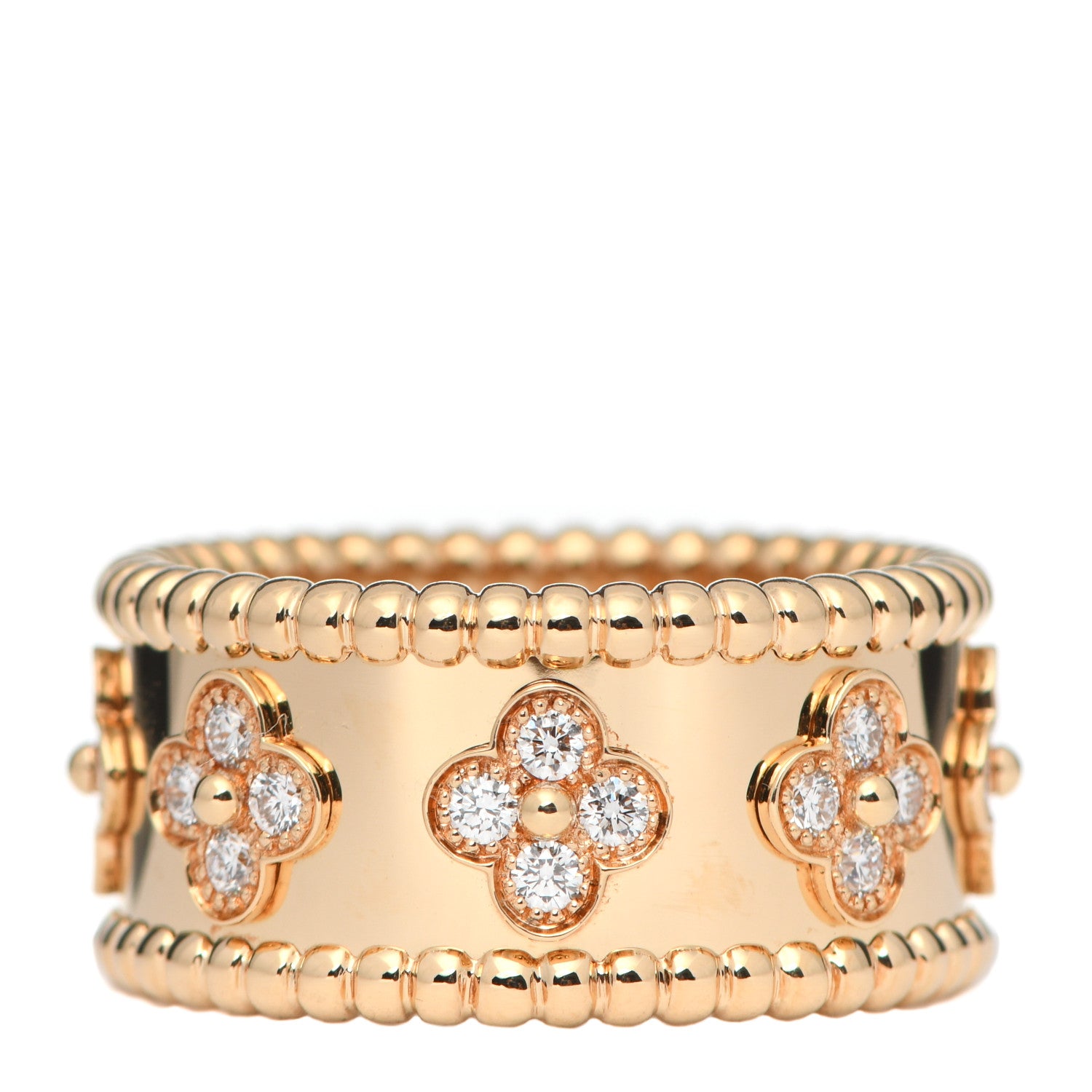 Van Cleef & Arpels 18K Yellow Gold Diamond Perlee Clovers Ring 58 8.5 1 of 7