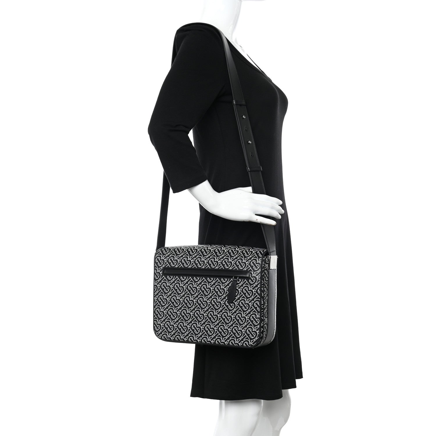 Burberry Calfskin Monogram TB Print Messenger Bag Black White 2 of 9