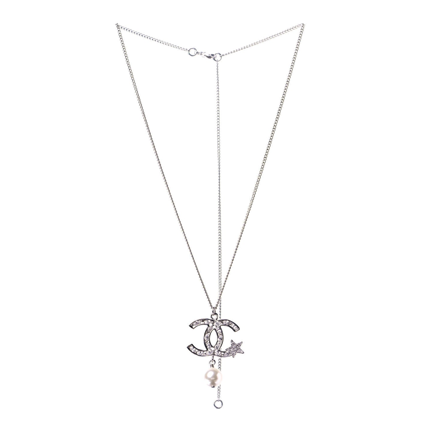 Crystal CC Star Pearl Drop Necklace Silver
