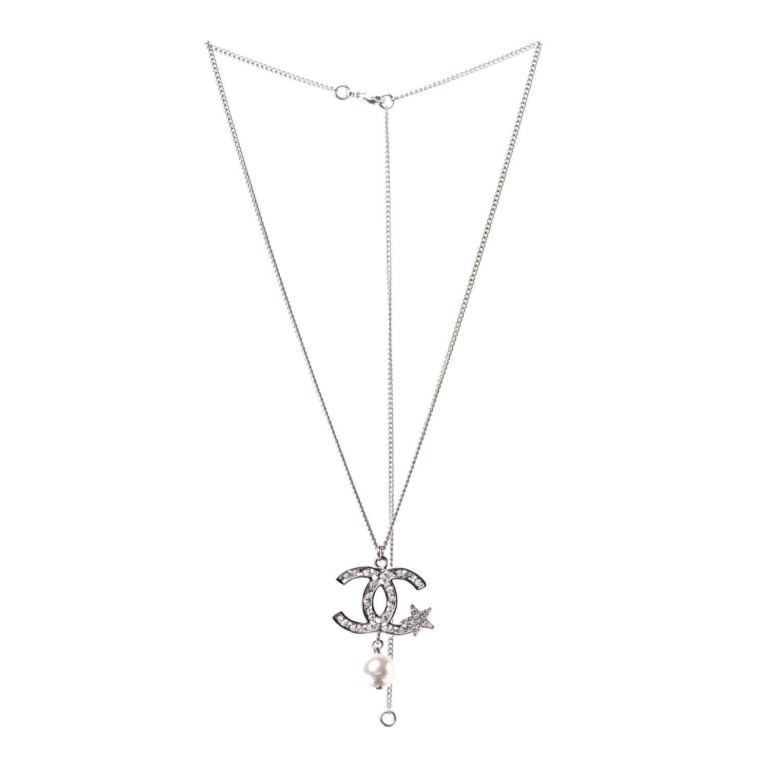 Chanel Crystal CC Star Pearl Drop Necklace Silver 3 of 5