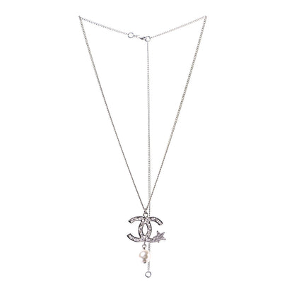 Chanel Crystal CC Star Pearl Drop Necklace Silver 3 of 5
