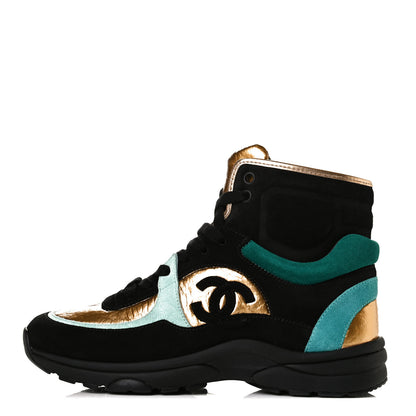 Chanel Suede Calfskin Fabric CC High Top Sneakers 36 Black Turquoise Gold 1 of 5