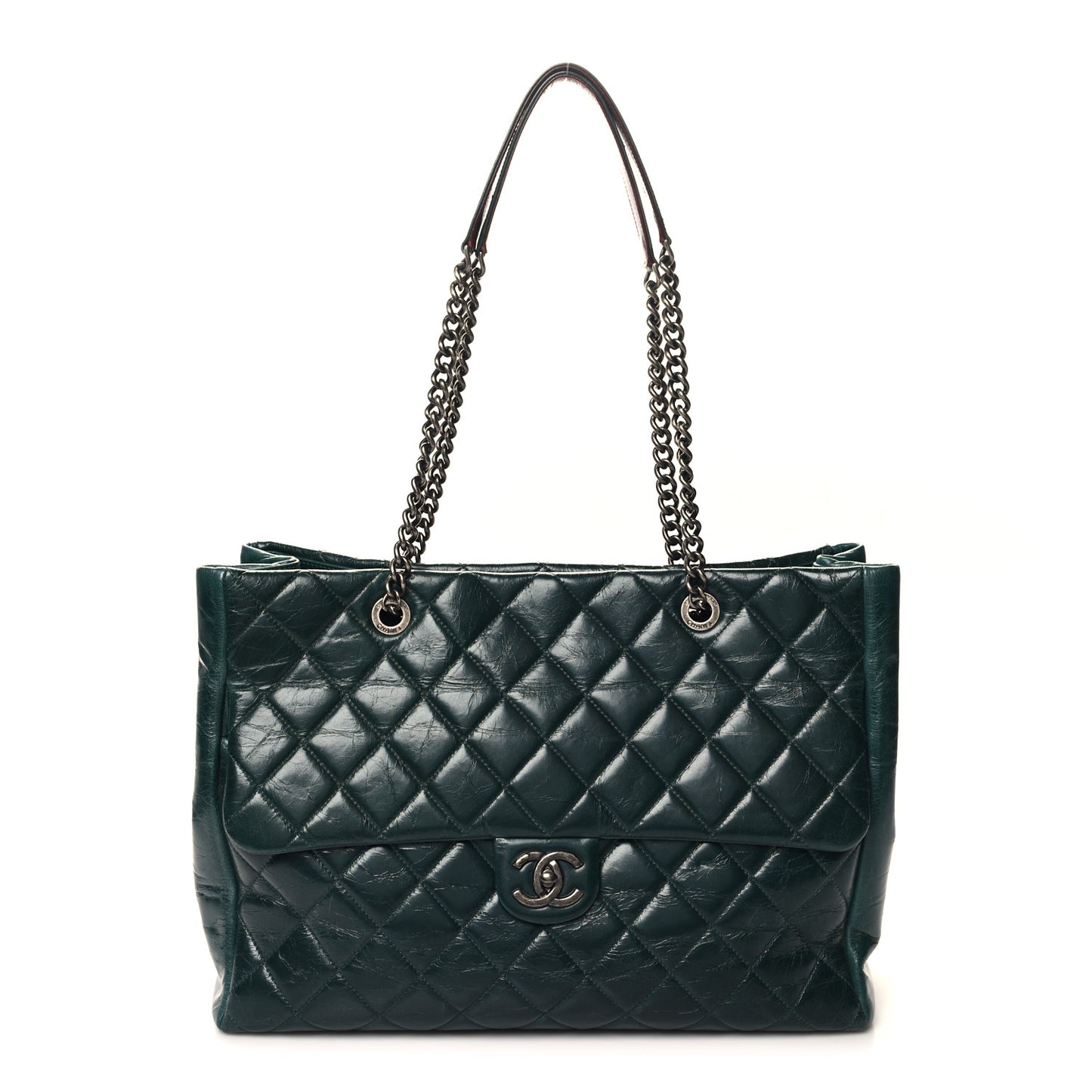 Glazed Calfskin Quilted Large Front Flap Tote Dark Green