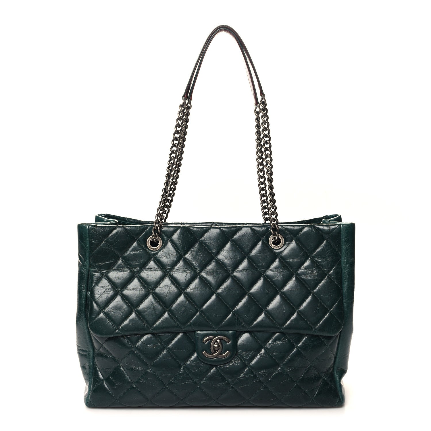 Chanel Glazed Calfskin Quilted Large Front Flap Tote Dark Green 1 of 11