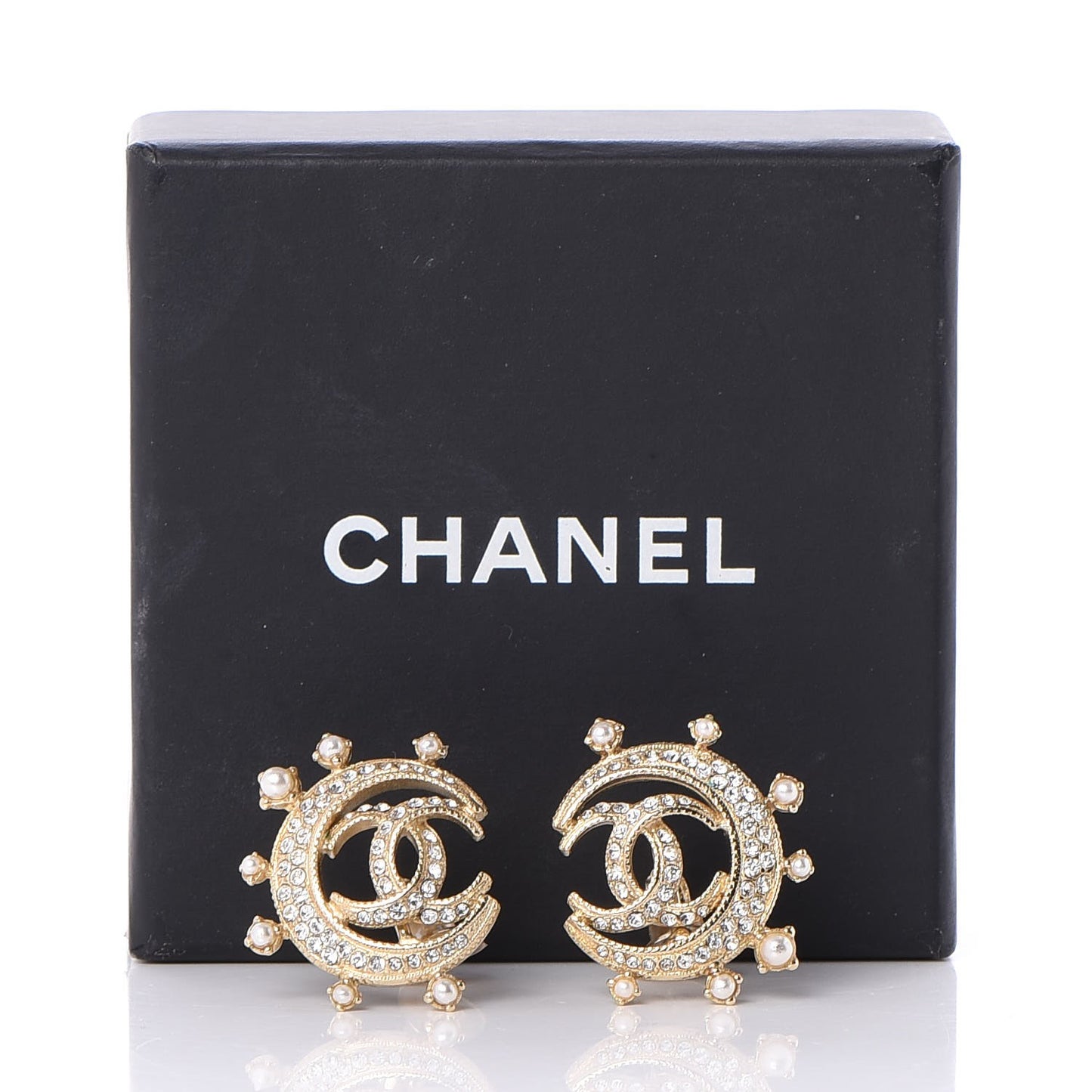 Crystal Pearl CC Moon Clip On Earrings Gold