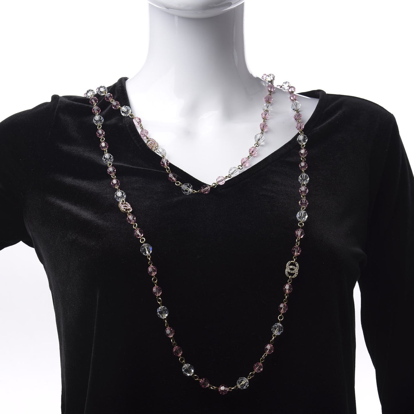 Beaded Crystal CC Long Necklace Gold Pink White