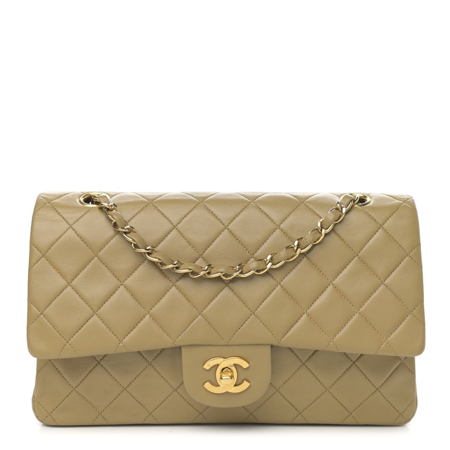 Lambskin Quilted Medium Double Flap Beige
