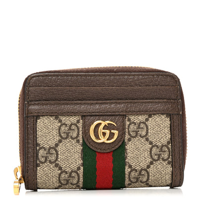 Gucci GG Supreme Monogram Textured Dollar Calfskin Web Ophidia Zip Around Card Case Wallet Beige Ebony New Acero 1 of 8