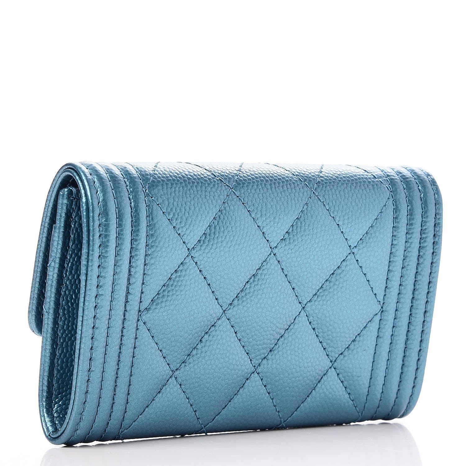 Chanel Metallic Caviar Quilted Boy Card Holder Wallet Turquoise 3 of 8