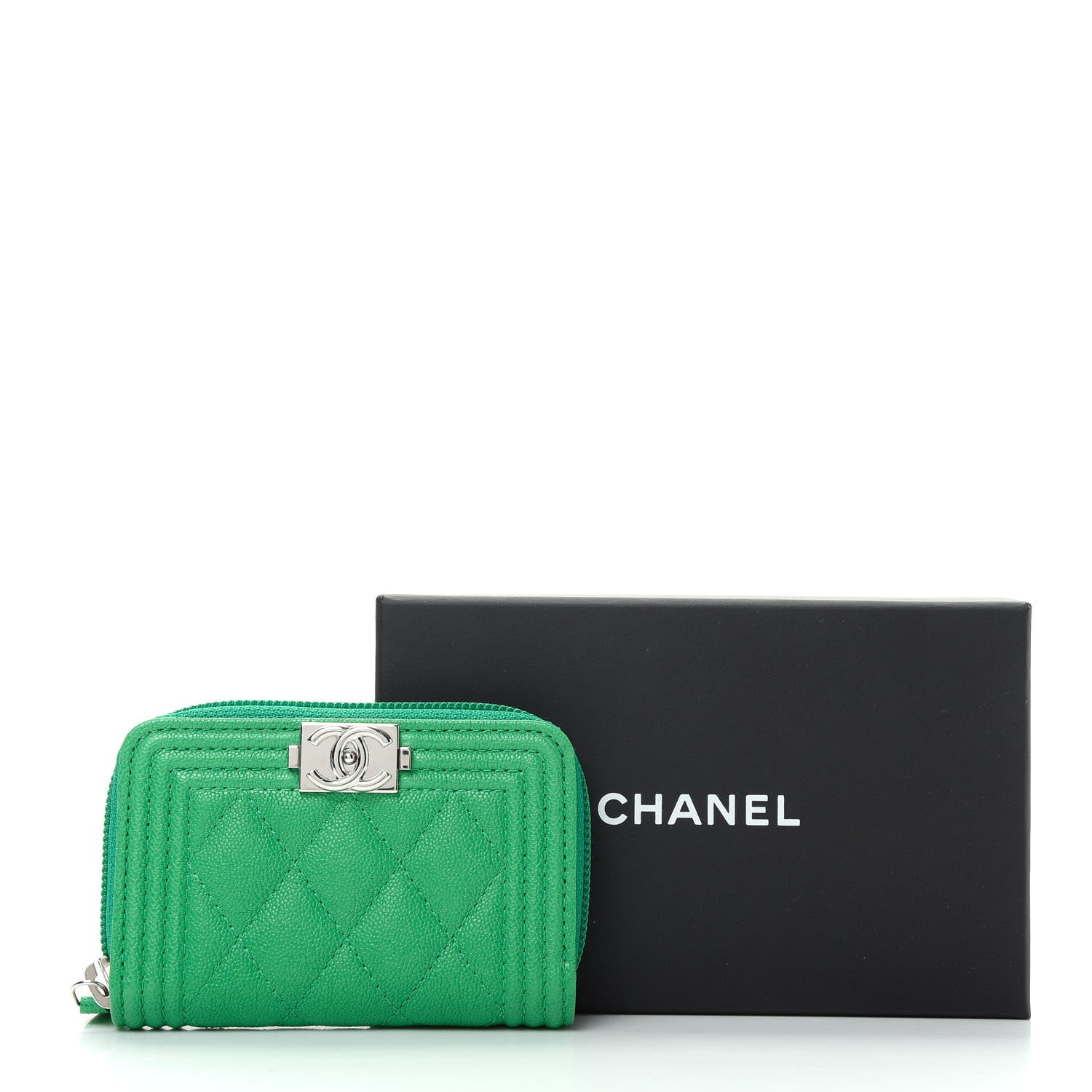 Chanel Caviar Quilted Boy Zip Around Coin Purse Wallet Green 8 of 8