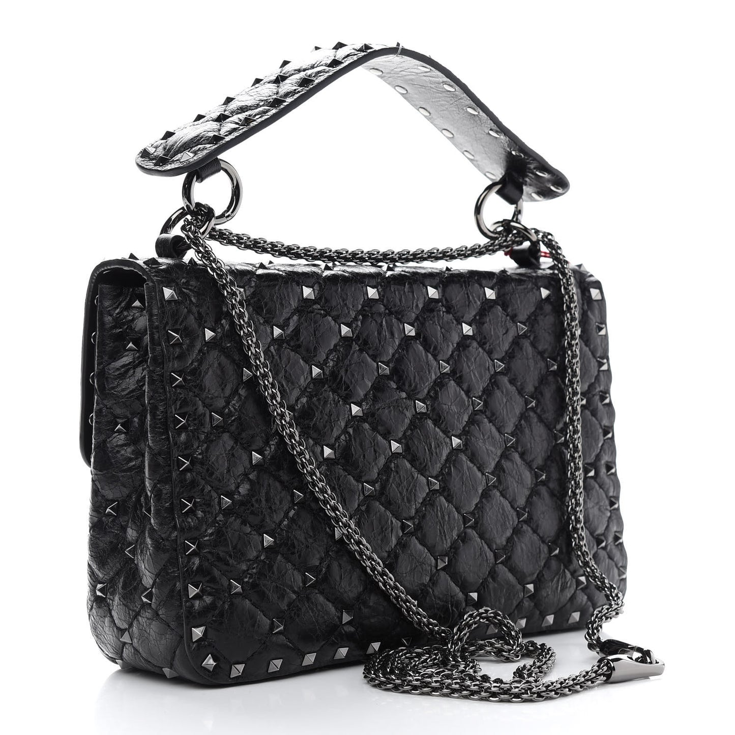 Craquele Nappa Medium Rockstud Spike Shoulder Bag Black