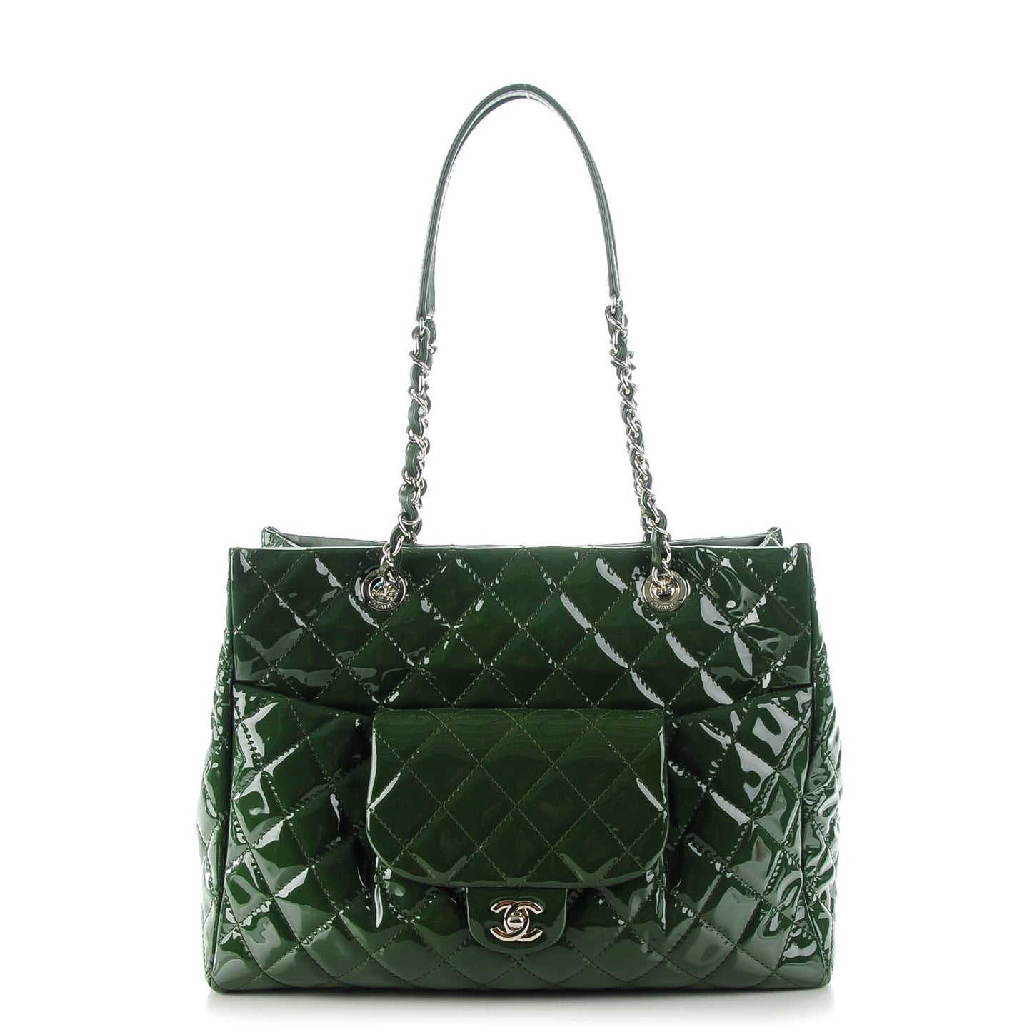 Patent Quilted Large Coco Shine Shopping Tote Dark Green