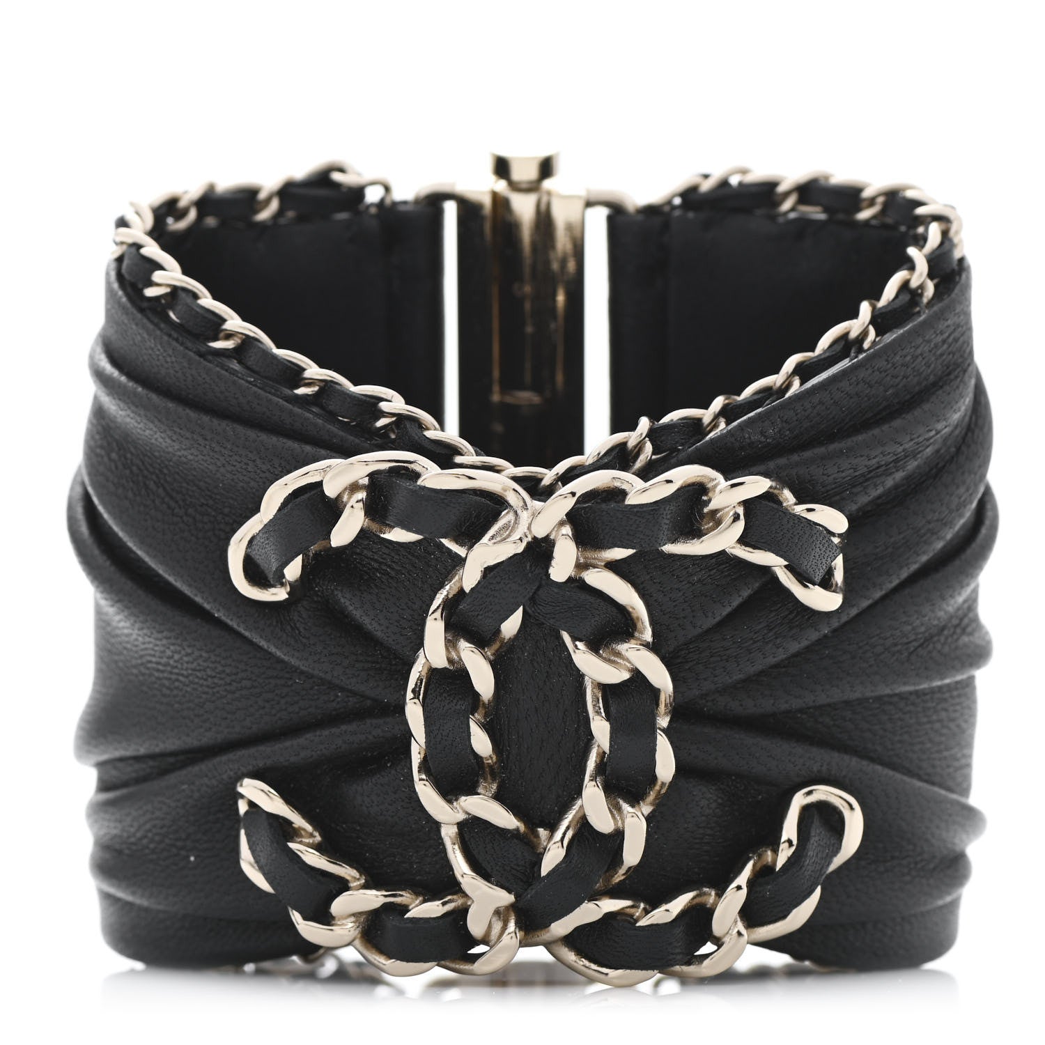 Chanel Lambskin Chain CC Cuff Bracelet Black Gold 1 of 6