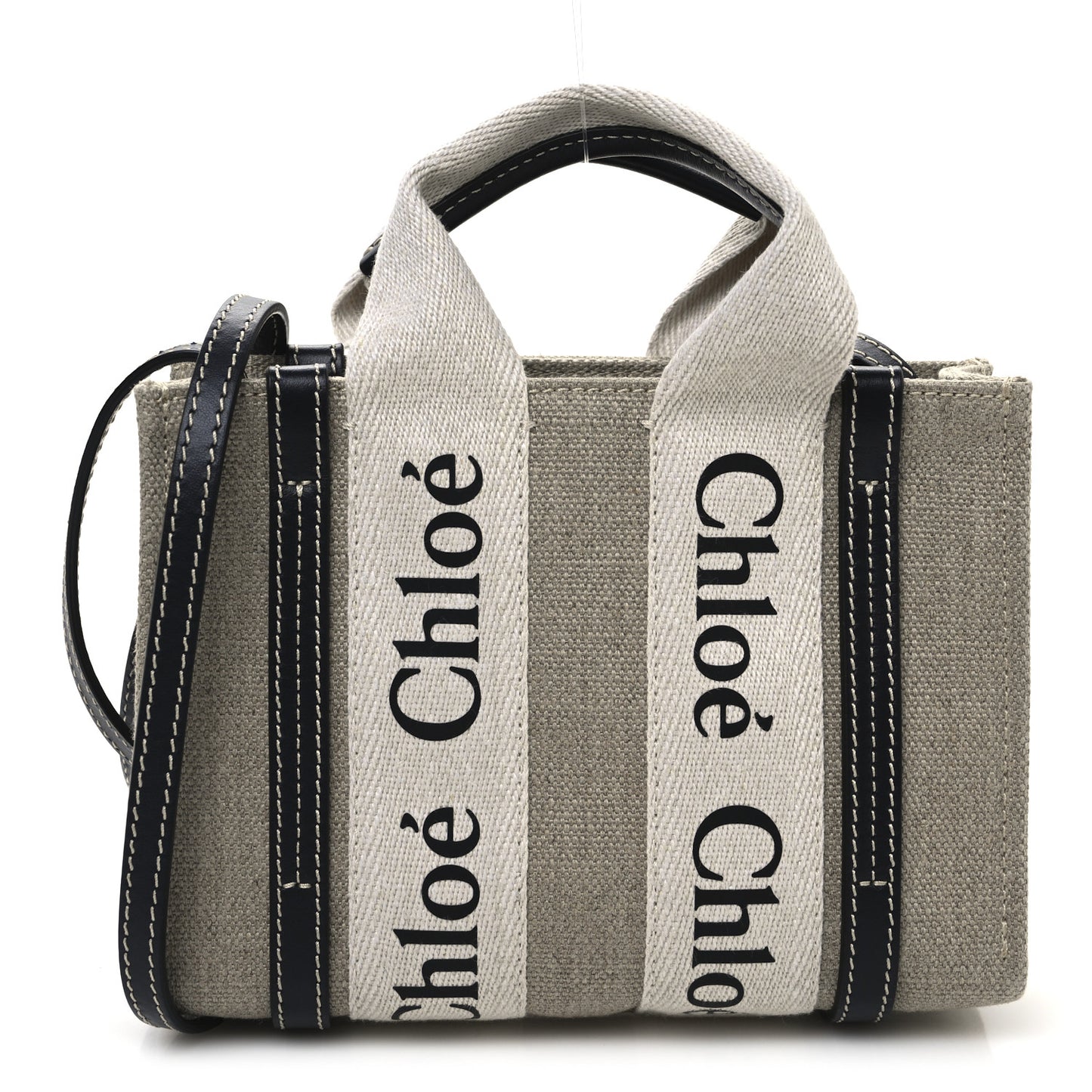 Linen Calfskin Mini Woody Ribbon Tote White Navy