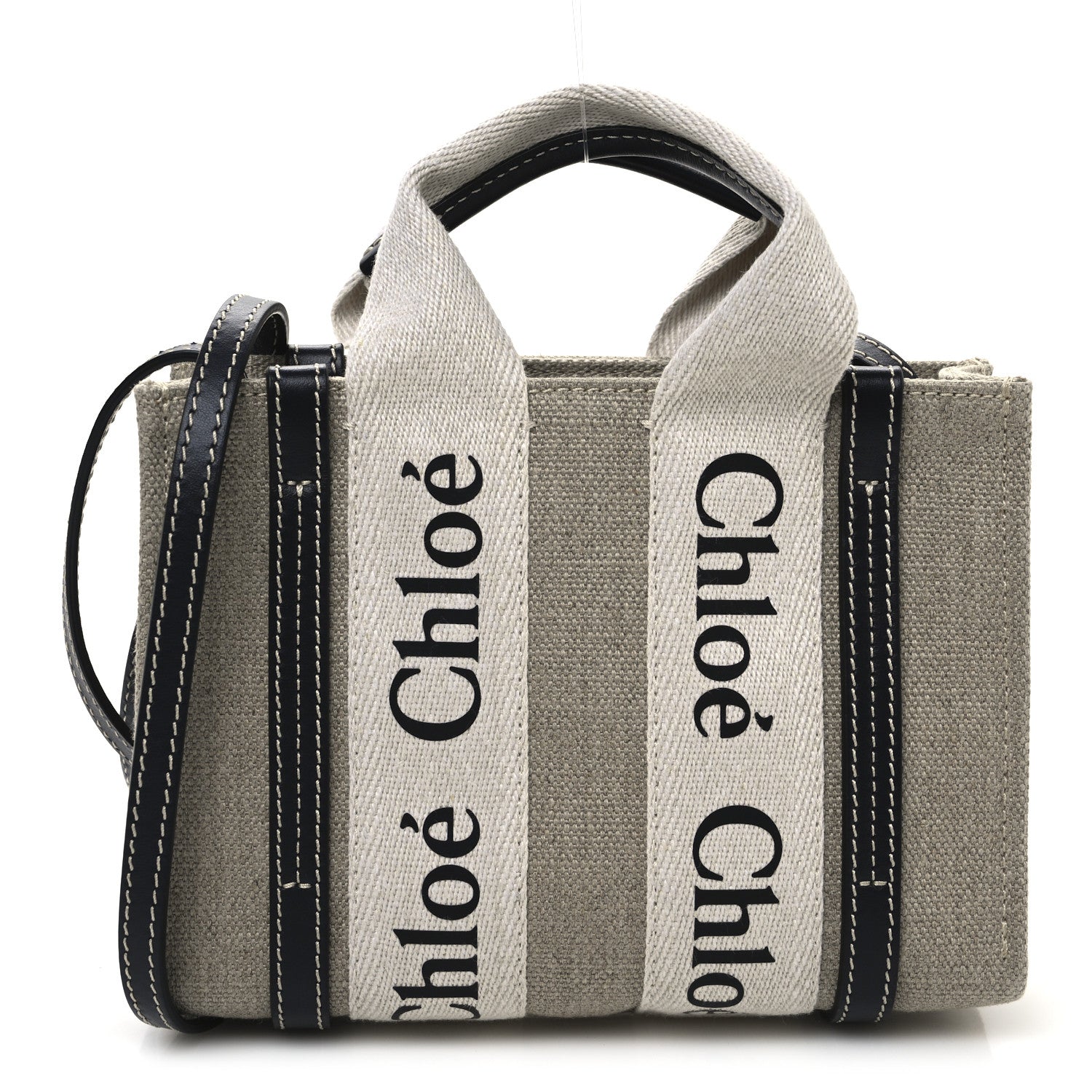 Chloe Linen Calfskin Mini Woody Ribbon Tote White Navy 1 of 10