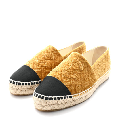 Chanel Velvet Grosgrain Quilted Camellia CC Espadrilles 38 Gold Black 4 of 9