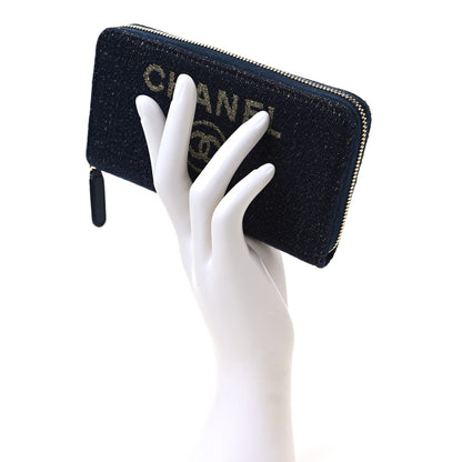Chanel Lurex Canvas Medium Deauville Zip Around Wallet Navy Blue Gold 2 of 9