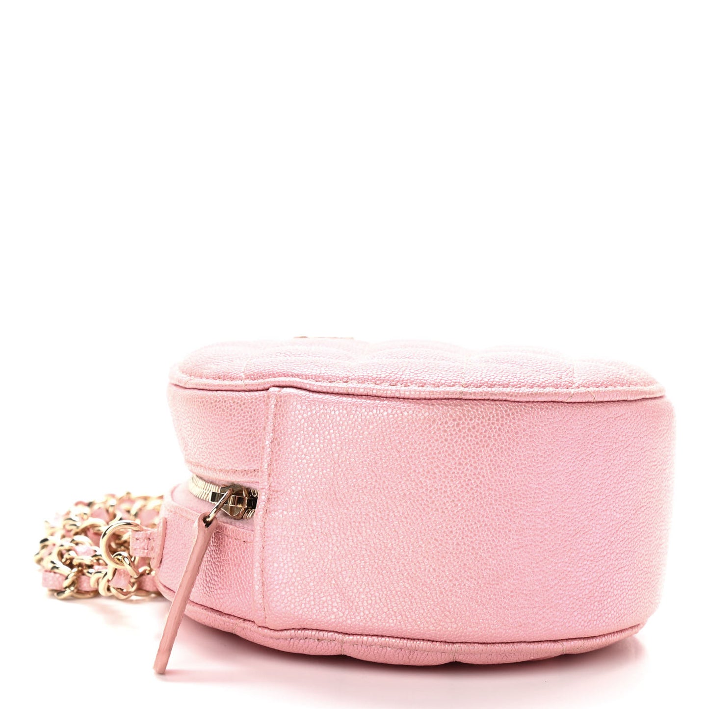 Iridescent Caviar Quilted Round Clutch With Chain Pink